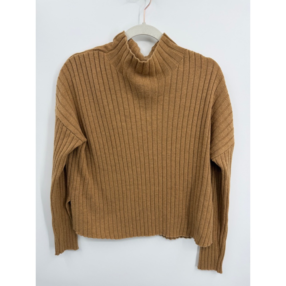 GAP Hookup Rib Sweater Women Small Camel Heather Merino Wool Mock Neck Ribbed